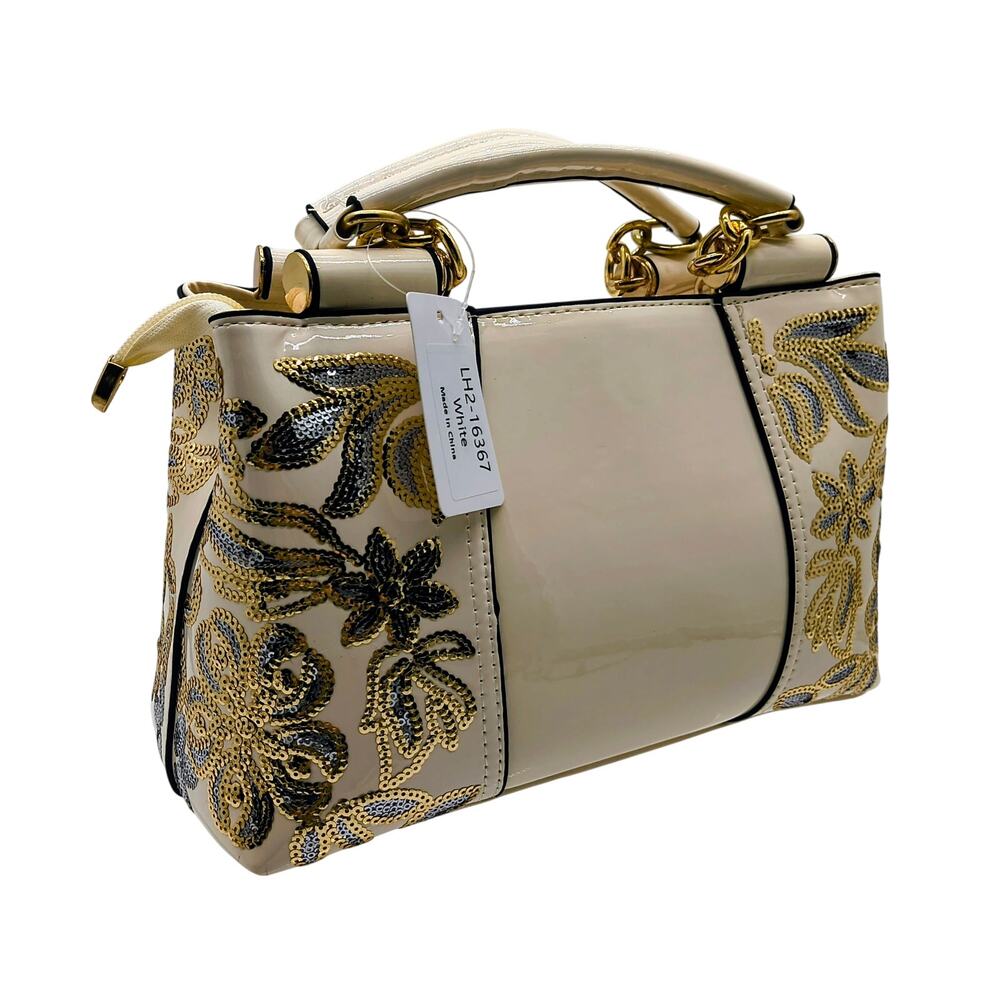 Elegant Cream Patent PU Leather Satchel Bag Gold Hardware